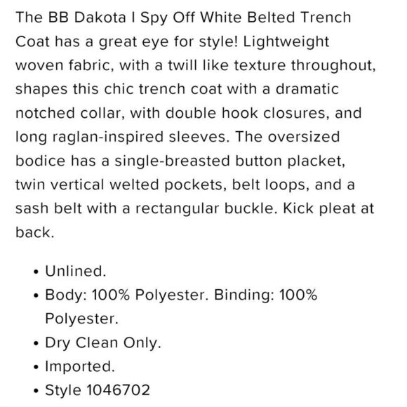 For Kitty Rescue! BB Dakota I Spy Off-White Trench Coat - Picture 15 of 16